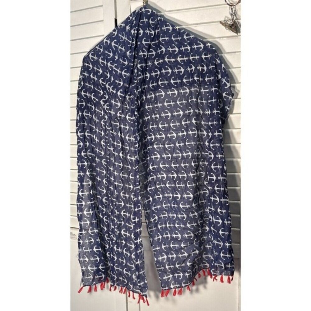 Lifestyle Taleen Anchor Print‎ Scarf With Tassels Navy & White